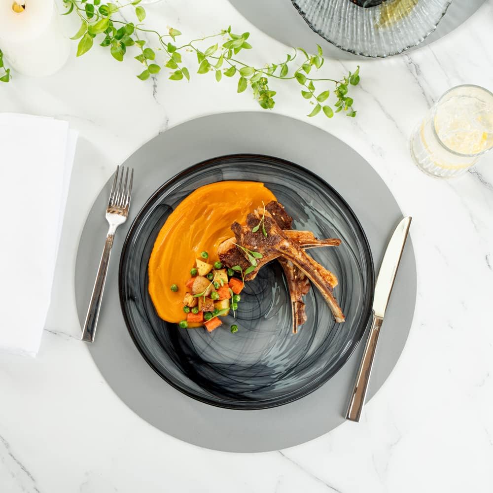 Restaurantware Vetri – Platos de vidrio de 11 x 11 x 1.2 pulgadas, 6 platos únicos y duraderos  Vajilla de alabastro de vidrio negro lavable con