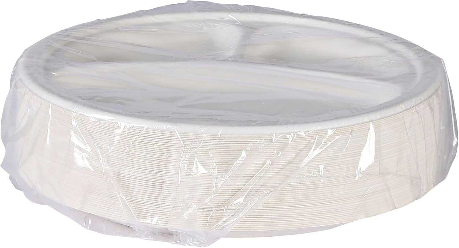 ECO PRODUCTS Vanguard – Platos de papel compostables de 3 compartimentos de 10 pulgadas, caja de 500, fibra moldeada blanca desechable, redondos,