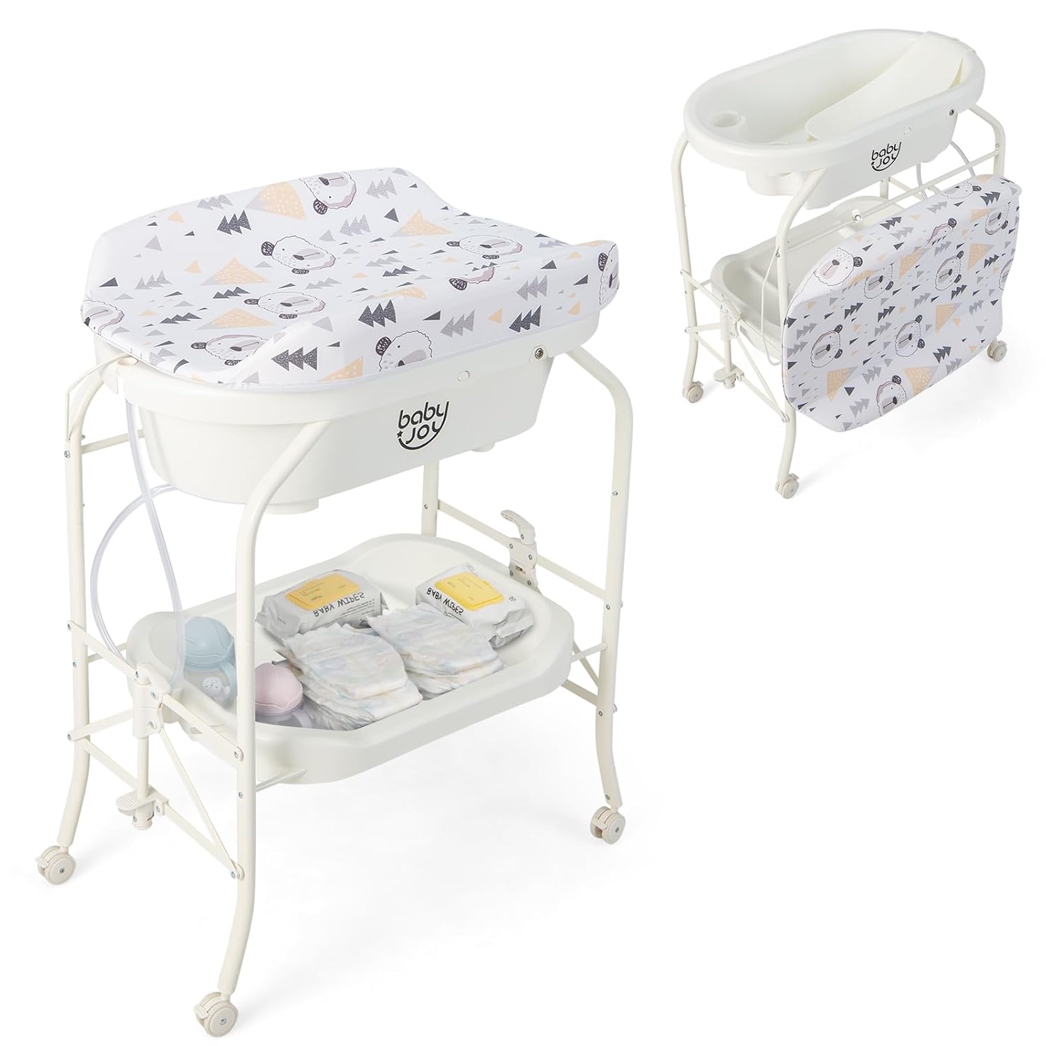 BABY JOY Bañera para bebé con cambiador, estación plegable para cambiar pañales con bandeja de almacenamiento, almohadilla impermeable, organizador