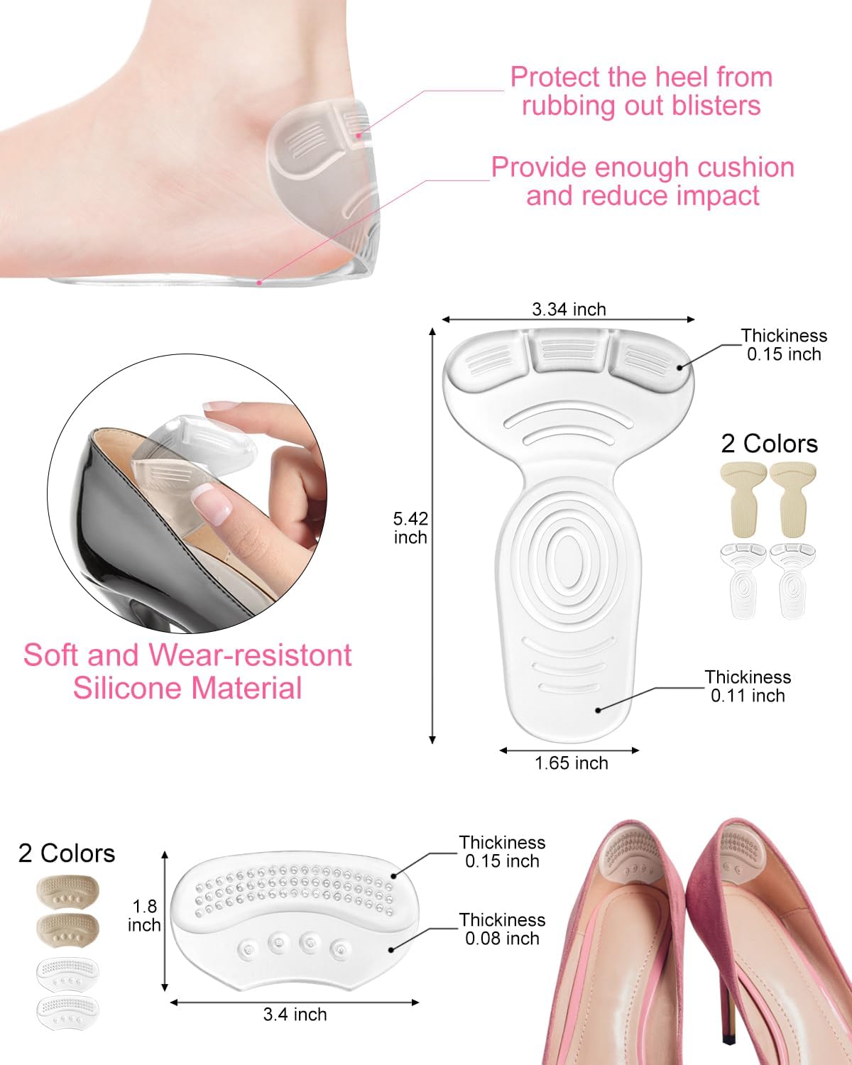 10 almohadillas cómodas de tacón alto, cojines de bola de pie para talones, insertos de zapatos de silicona para zapatos de mujer demasiado grandes,