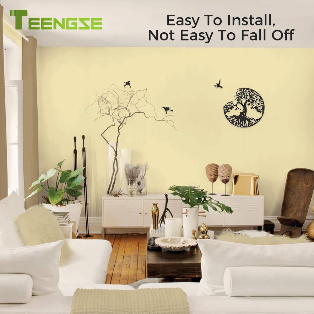 TEENGSE Decoración de pared de metal con árbol de la vida negro, decoración de pared de pájaro volador, obra de arte decorativa para colgar en la