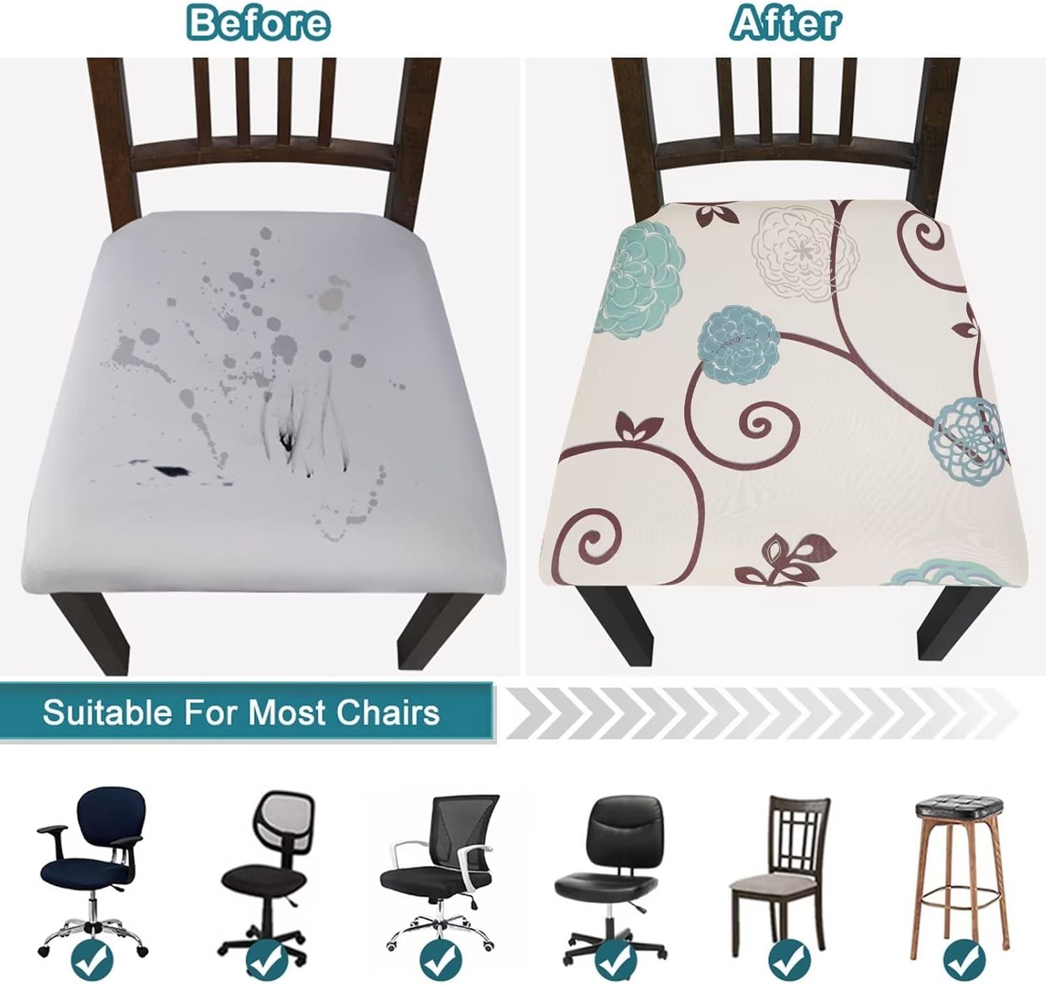 SearchI Juego de 4 fundas de asiento para sillas de comedor, fundas de asiento elásticas con estampado, extraíbles y lavables, fundas de cojín para