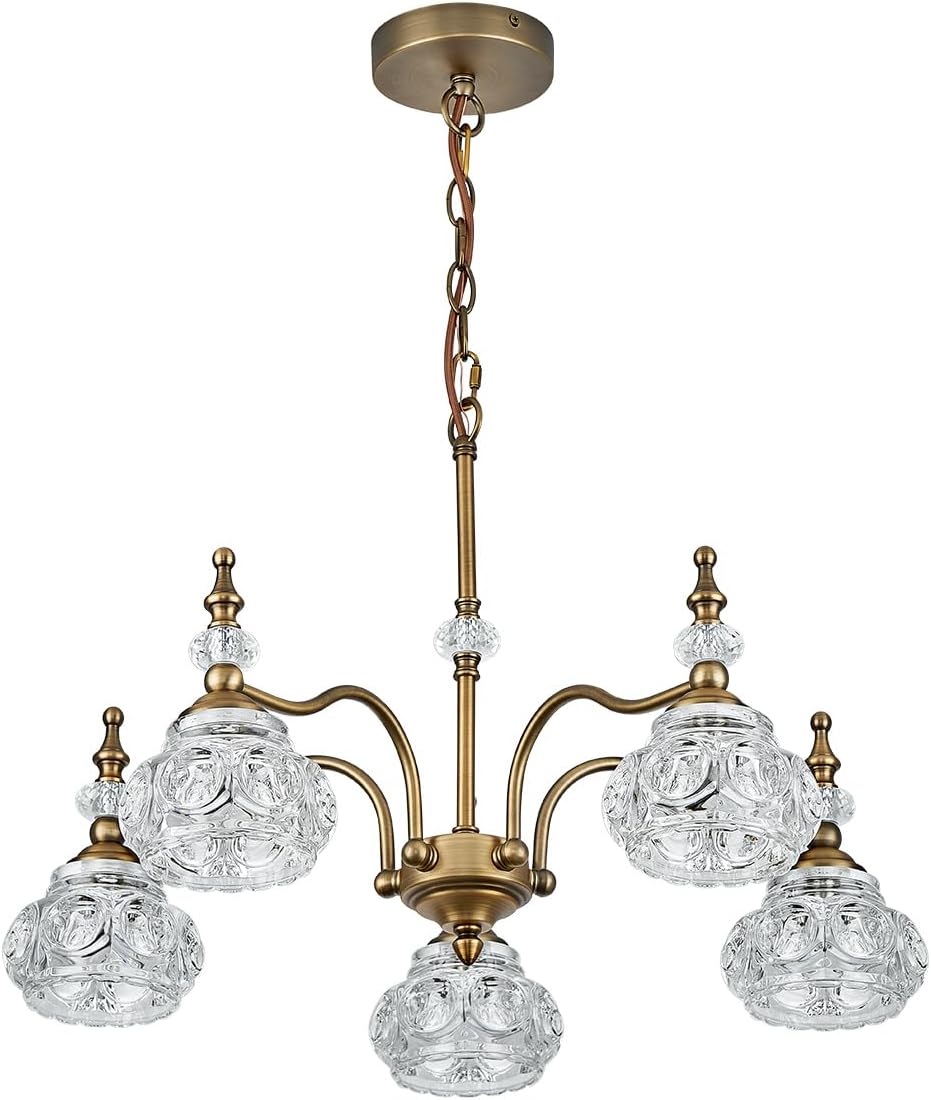 ZILANL Lámpara colgante de cristal dorado con 5 luces, estilo rústico, acabado de latón envejecido cepillado mate con pantalla de cristal para isla