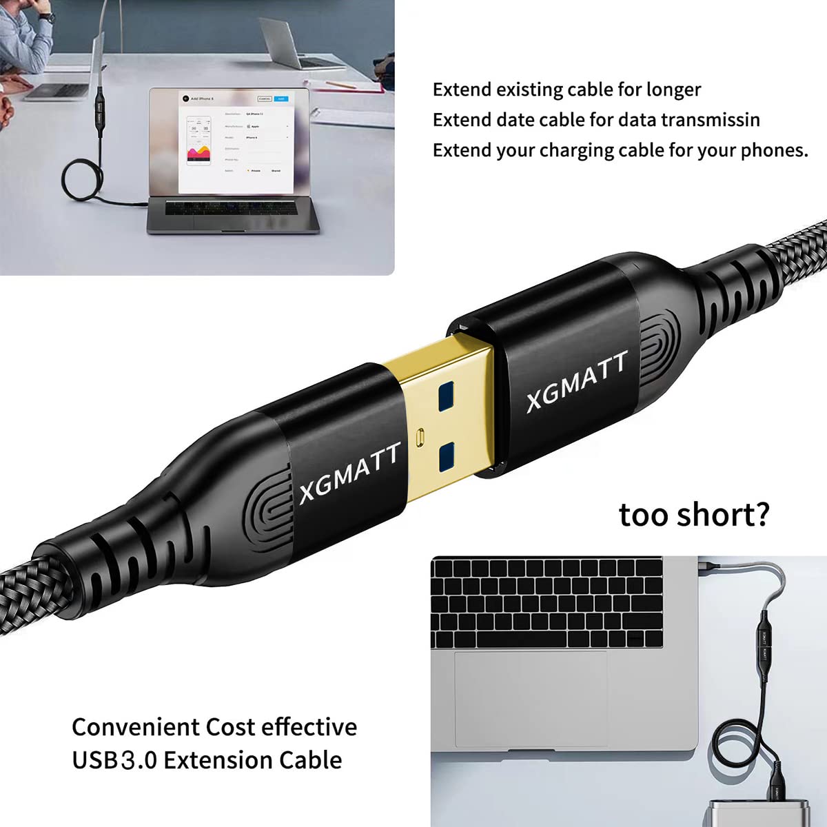 XGMATT Cable de extensión USB 3.0 de 6.6 pies + 6.6 pies, cable de extensión USB 3.0 USB tipo A, macho a hembra, sincronización de datos de 5 Gbps,