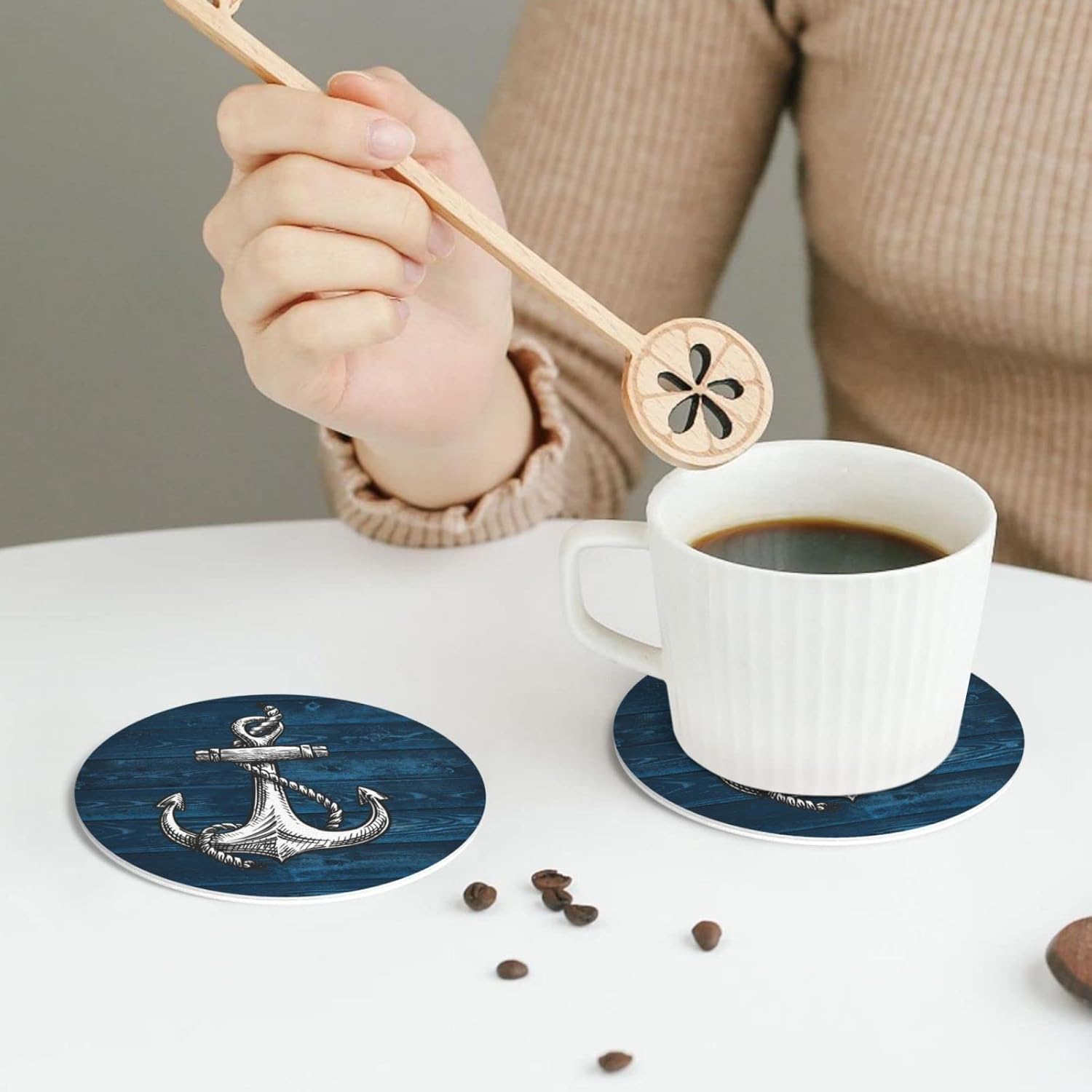 Anchor – Juego de 6 posavasos de madera para bebidas, de piel sintética absorbente para mesa de café, decoración del hogar, regalo de inauguración