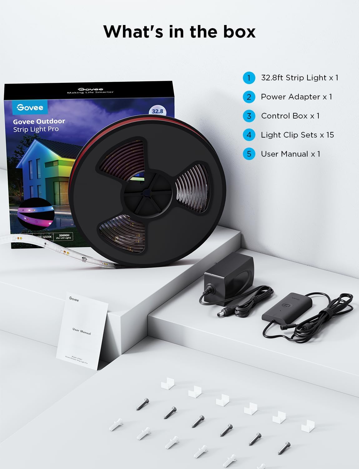 Govee RGBIC Pro – Tira de luces para exteriores con blanco cálido y frío, 32.8 pies, WiFi para exteriores, luces LED impermeables para exteriores,