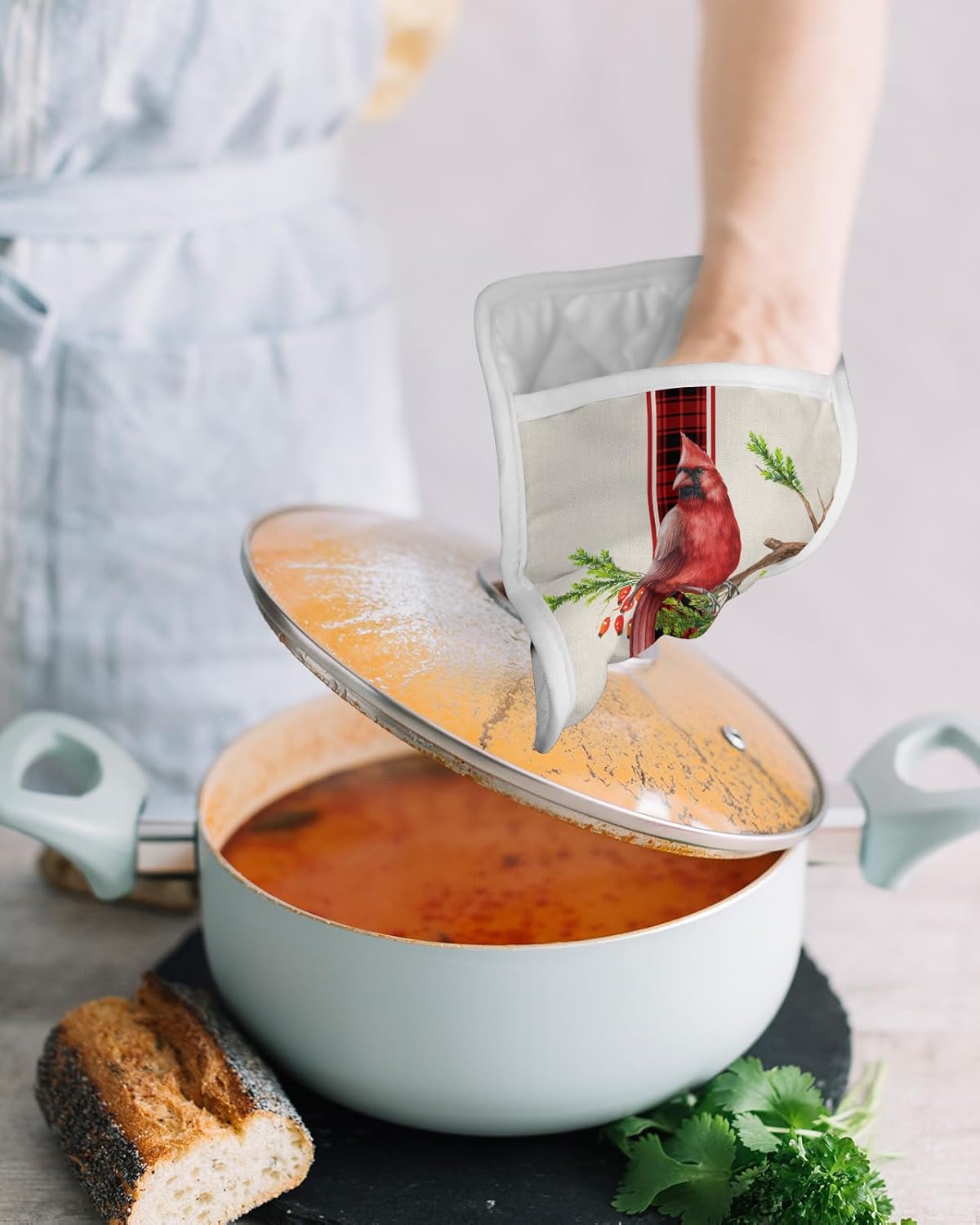 Christmas Red Bird 2Pcs Pot Holders for Kitchen, Non Slip & Heat Insulation Terry Cloth Potholder Set with Pocket, Thick Hot Pad Oven Mitts Trivet