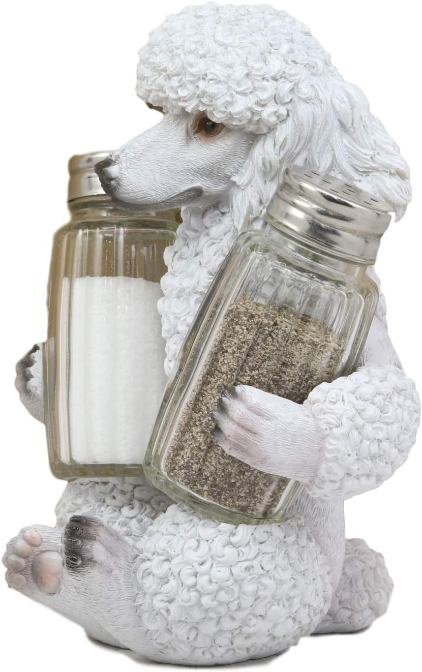 Ebros – Figura realista de cristal para perros caniches franceses blancos arreglados para salero y pimentero, 6.25 pulgadas de alto, caprichoso
