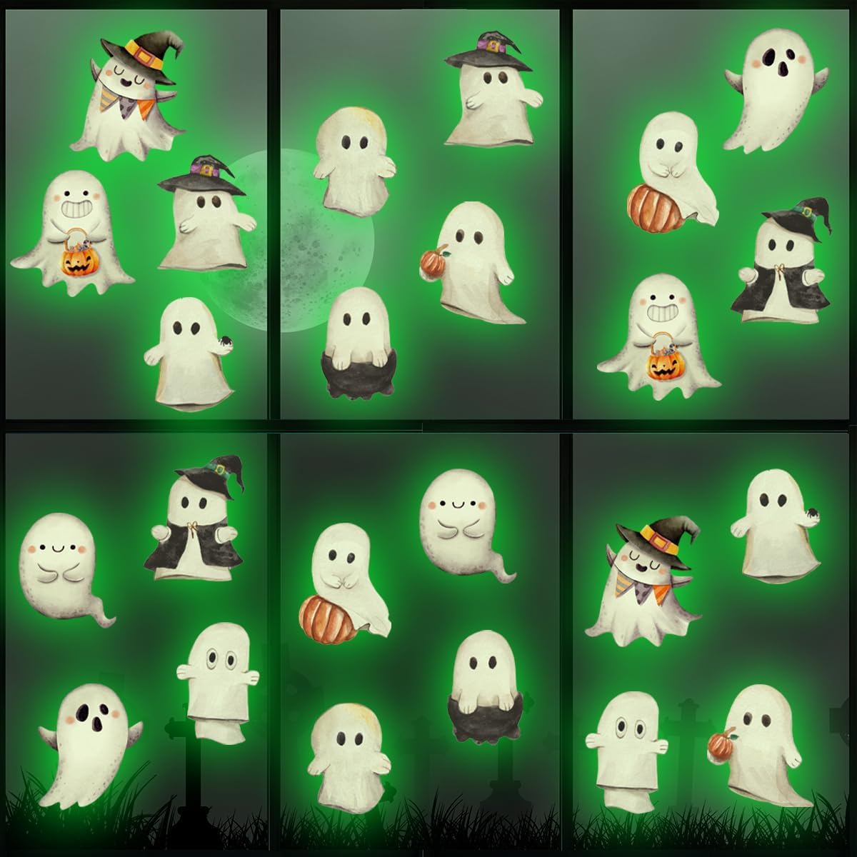 Calcomanías de ventana de fantasma de Halloween que brillan en la oscuridad, calcomanías de ventana de fantasma de Halloween luminosas de color