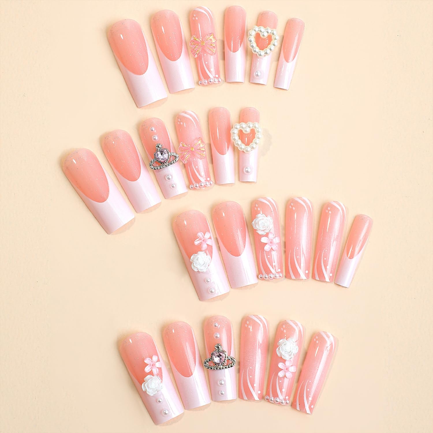 Kawaii – Uñas postizas largas a presión cuadradas rosadas, uñas postizas con dulces dulces y dulces con corazón 3D, oso, lazo, perla, flores, diseño