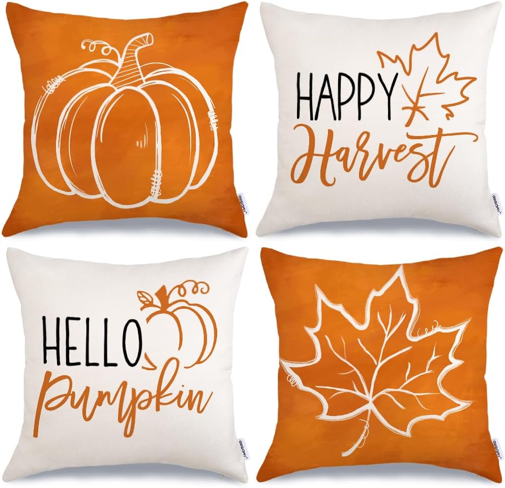 Juego de 4 fundas de almohada de otoño de 18 x 18 pulgadas para decoración de otoño, calabaza, hojas de arce, feliz cosecha, almohadas decorativas