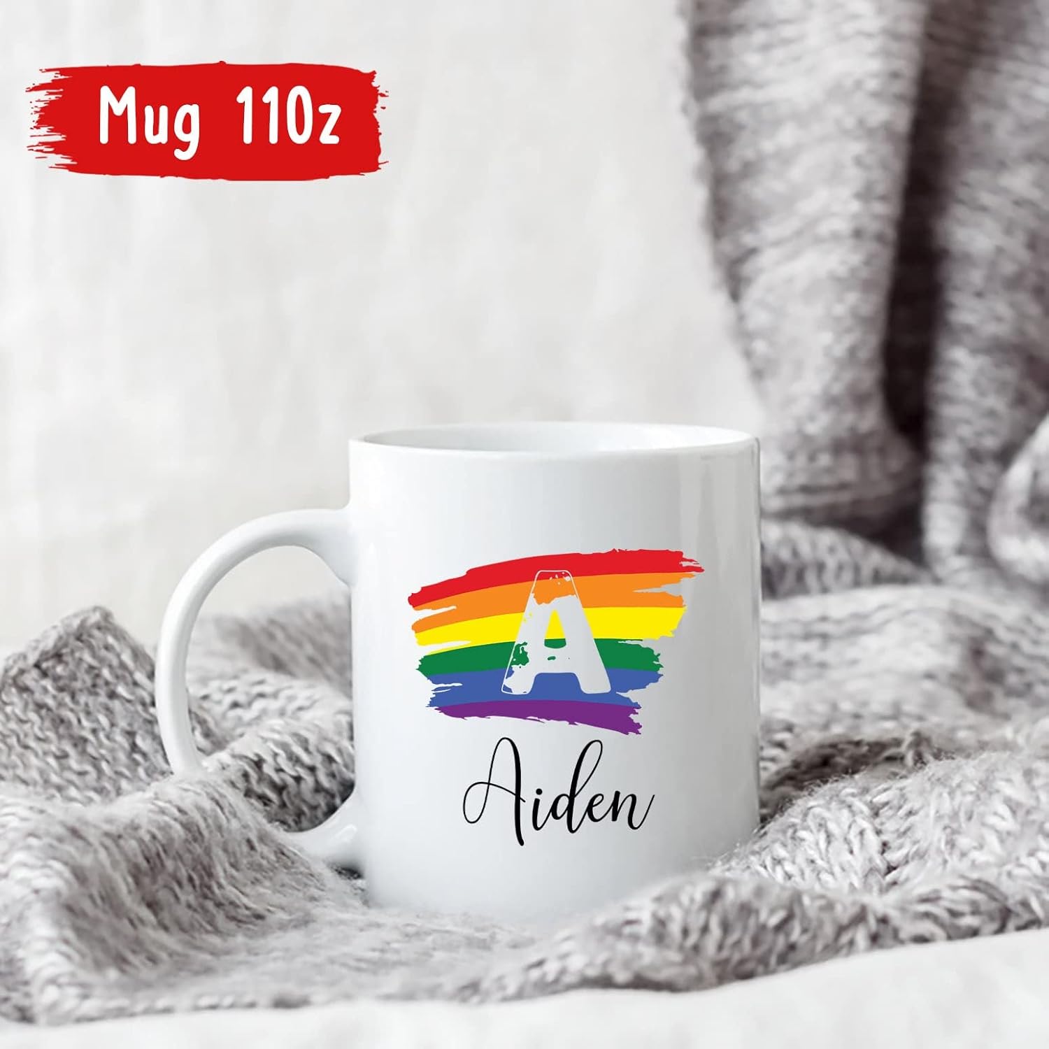 Taza de café personalizada con monograma con letra inicial, monograma de arco iris, taza con nombre personalizado para parejas LGBT lesbianas gay