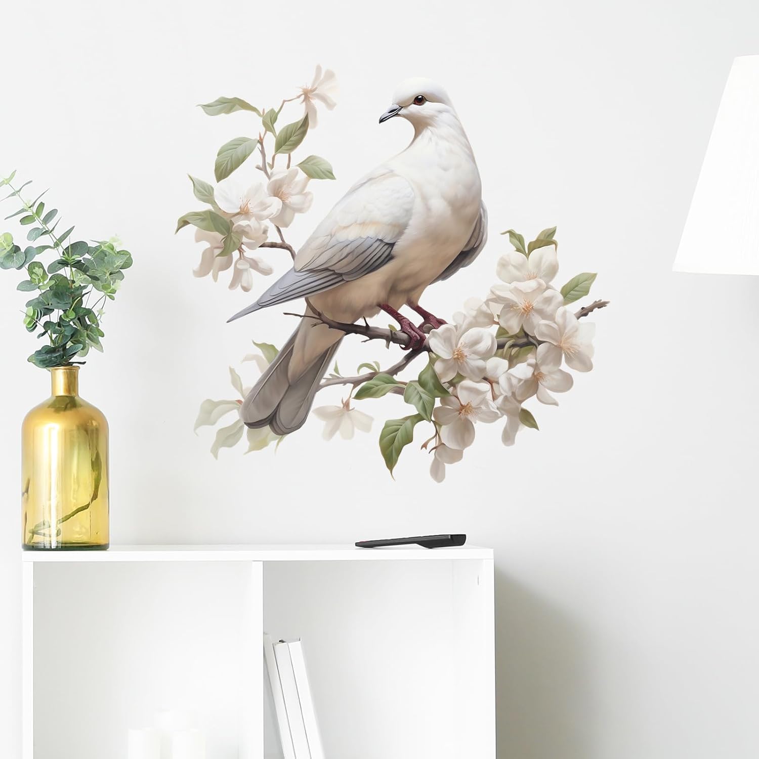 Calcomanías de pared de acuarela con paloma en medio de flores blancas florecientes, calcomanías de pared de animales para niños, removibles,