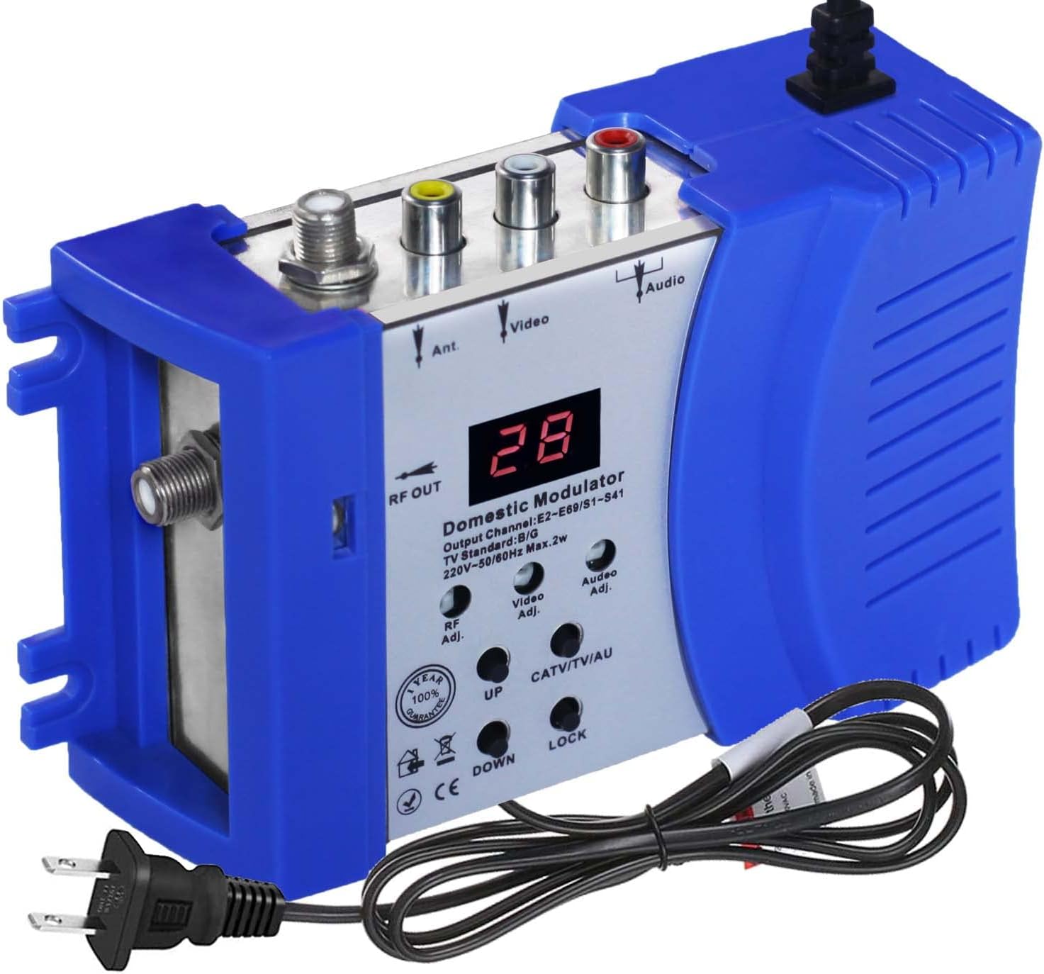 Modulador RF Convertidor coaxial RCA VHF UHF Amplificador de señal Adaptador compuesto con antena y interruptor de canal de banda completa para