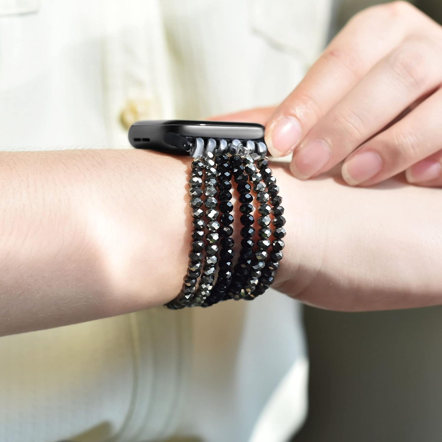 V-MORO Bandas de cuentas compatibles con Apple Watch Band hechas a mano, elásticas y elegantes pulseras de perlas de cristal para iWatch SE Series