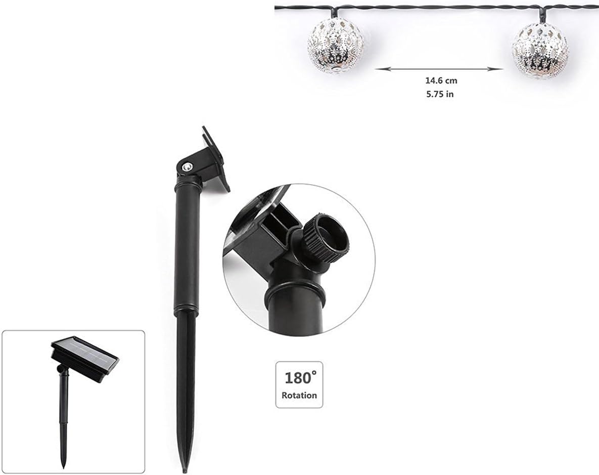 Hann Guirnalda de luces LED solares tipo globo, 12 pies, 10 luces LED marroquí, iluminación ambiental impermeable, 3000 K blanco cálido, luces de