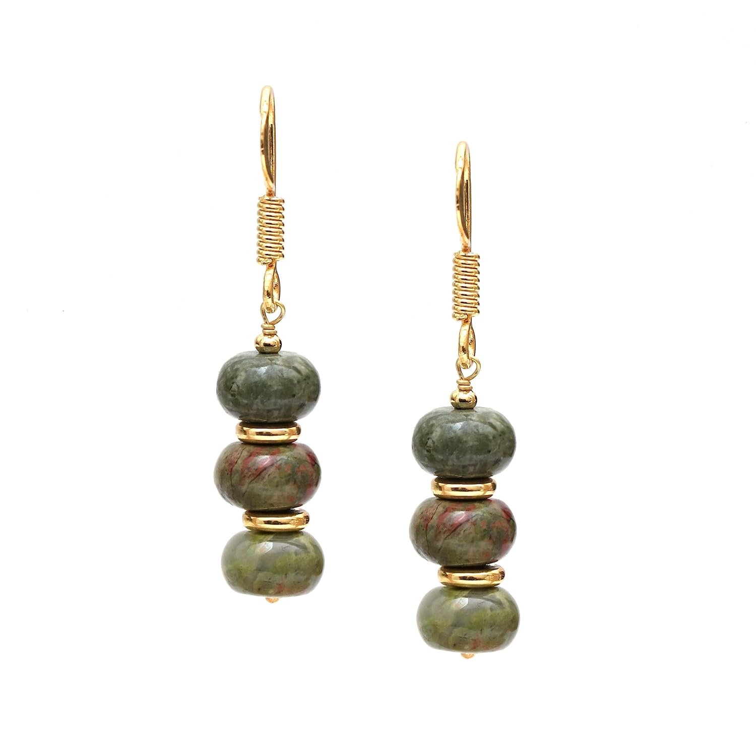 Gempires Mother’s Day Gift Unakite Rondelle Beads Earrings, Dangling Earrings, Crystal Earrings for Girls,14k Gold Plated Hook Earrings, Handmade