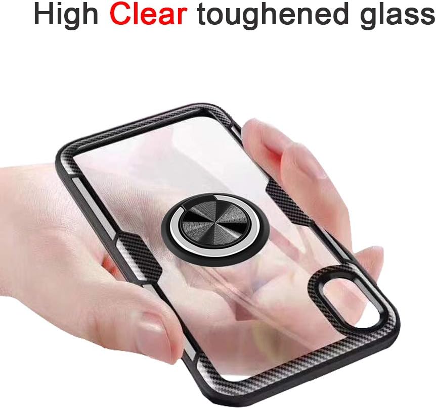 Funda con anillo para iPhone XR, diseño de fibra de carbono de cristal transparente, antiarañazos, con soporte de anillo de rotación de 360 grados