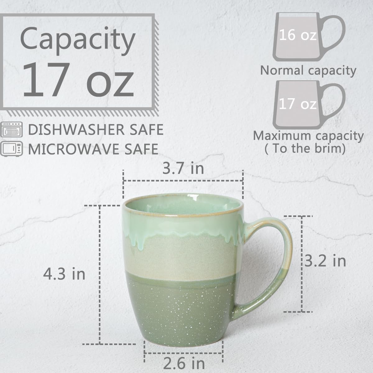 Bosmarlin Juego de 4 tazas de café de cerámica, 17 onzas, tazas de café verdes con mango grande, aptas para microondas, esmalte reactivo único