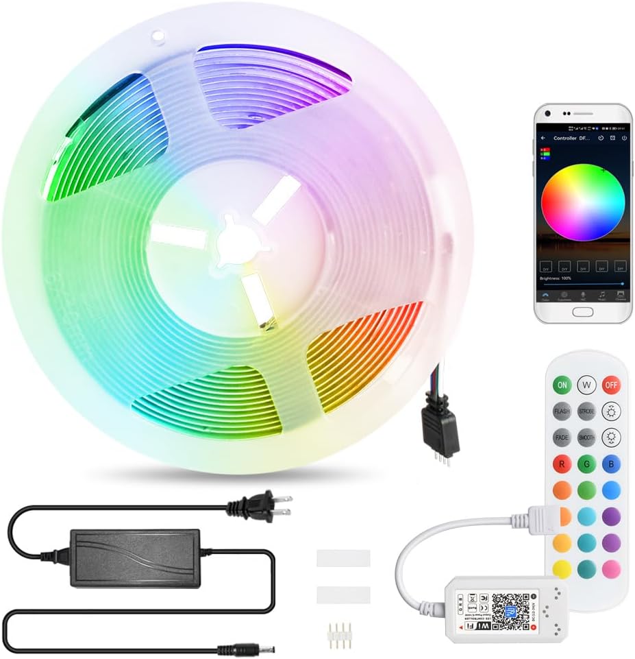 Tira de luz LED COB RGB WiFi de 12 V, 16.4 pies, con fuente de alimentación, 576 LEDsM regulable, tira LED de sincronización de música de