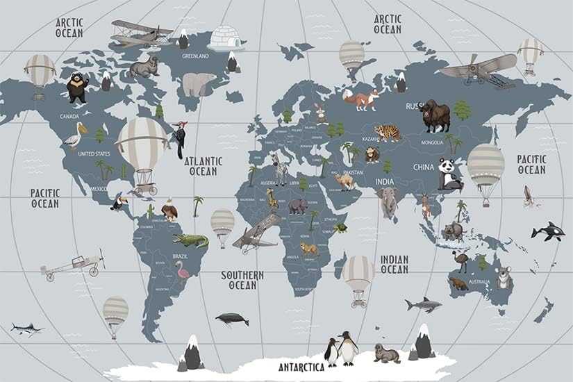 Picture Sensations Mural de pared con textura de lienzo, mapa del mundo con papel tapiz de animales, arte de pared para guardería, papel tapiz para