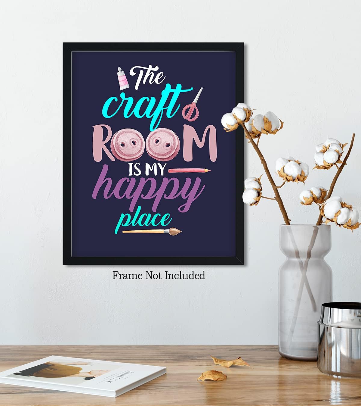 Govivo The Craft Room Is My Happy Place – Una bonita decoración de pared para sala de manualidades con un fondo azul oscuro, obra de arte sin marco