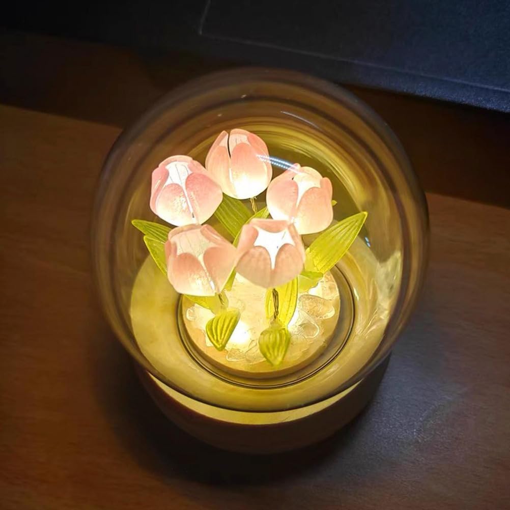 Lámpara de mesa hecha a mano con tulipán, decoración de mesita de noche, adorno de escritorio (5 flores)