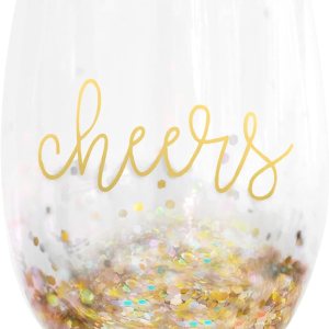 Cheers Gold Foil Confetti – Vaso de vino acrílico sin tallo, 14 onzas Cheers Gold Foil Confetti – Vaso de vino acrílico sin tallo, 14 onzas