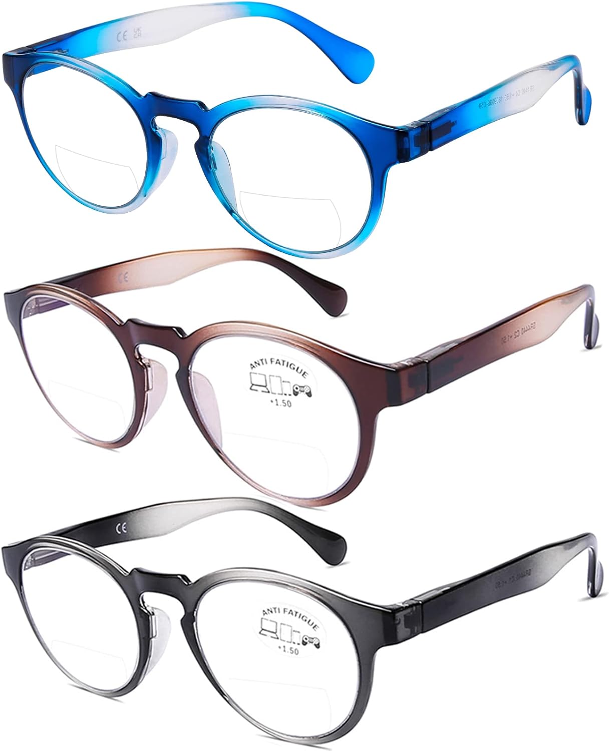 AQWANO Gafas de lectura bifocales para hombres, bloqueo de luz azul, lectura bifocal, mujer, diseño de moda, bisagra de resorte ligera, paquete de 3