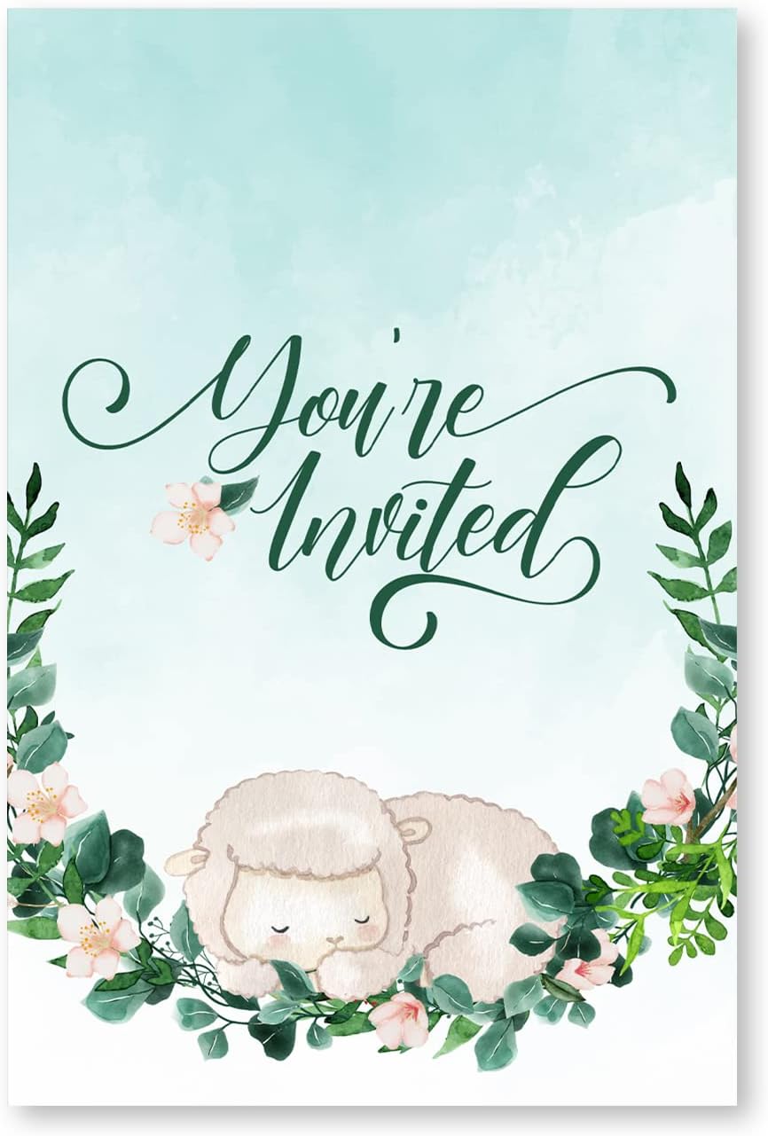Greenery Sheep Baby Shower – Invitaciones para fiesta de baby shower con sobres, juego de 20 invitaciones de cordero, baby shower, género neutro,
