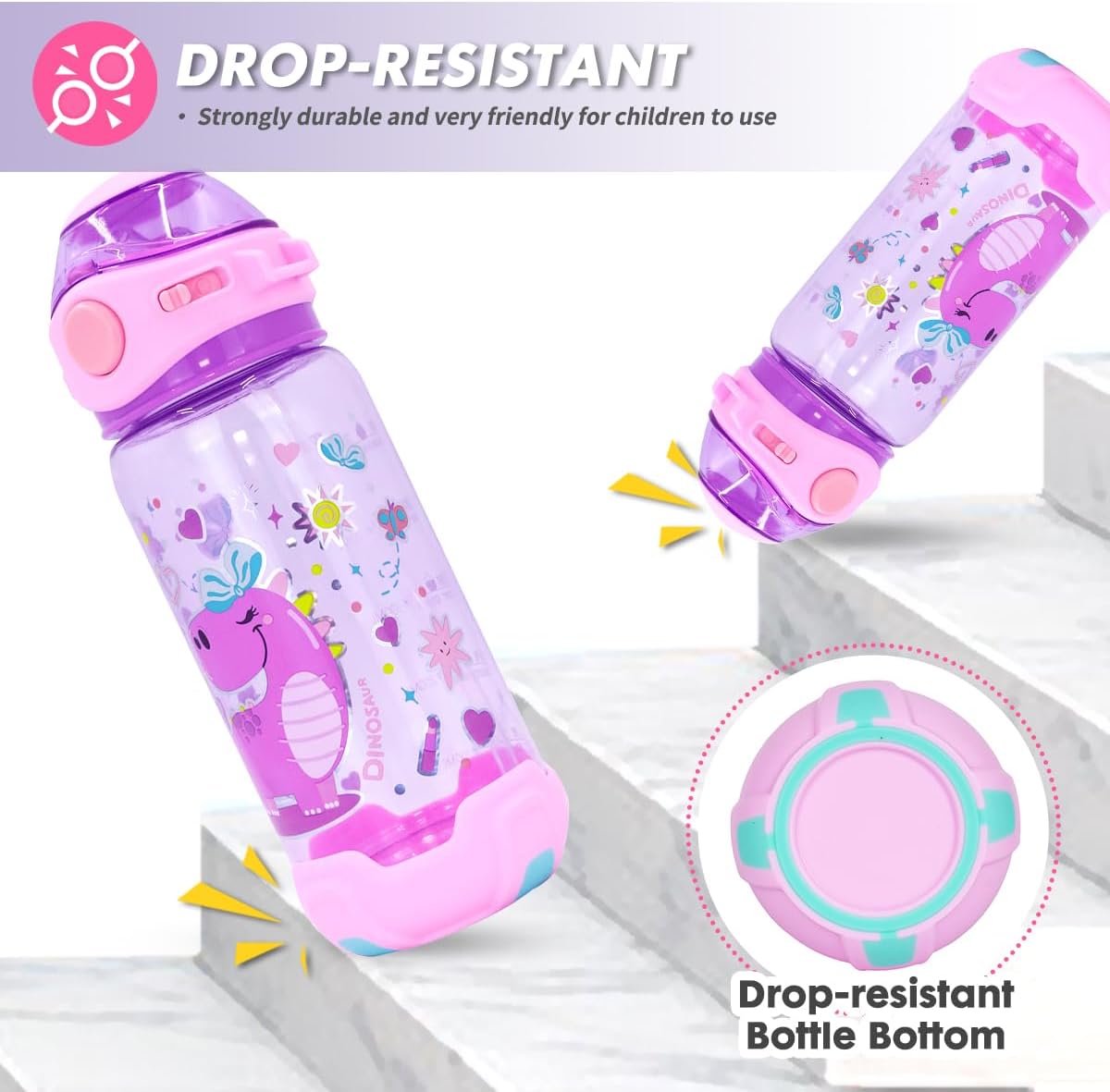 Botella de agua para niños con popote, para la escuela, niños y niñas, botella de agua potable de 22 onzas sin BPA, apertura de un solo clic, tapa