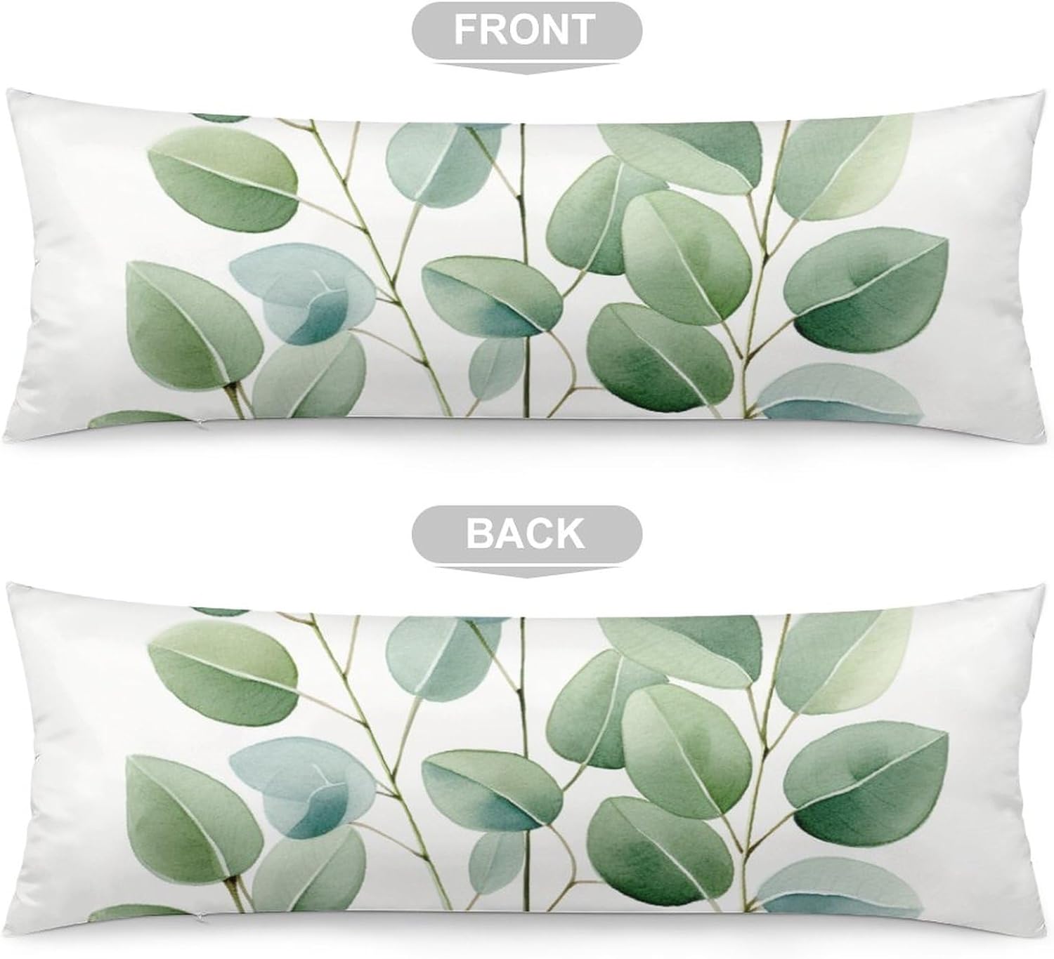 Funda de almohada corporal con cremallera, diseño de eucalipto de temporada, hojas de plantas verdes, con cremallera, diseño rústico, acuarela,