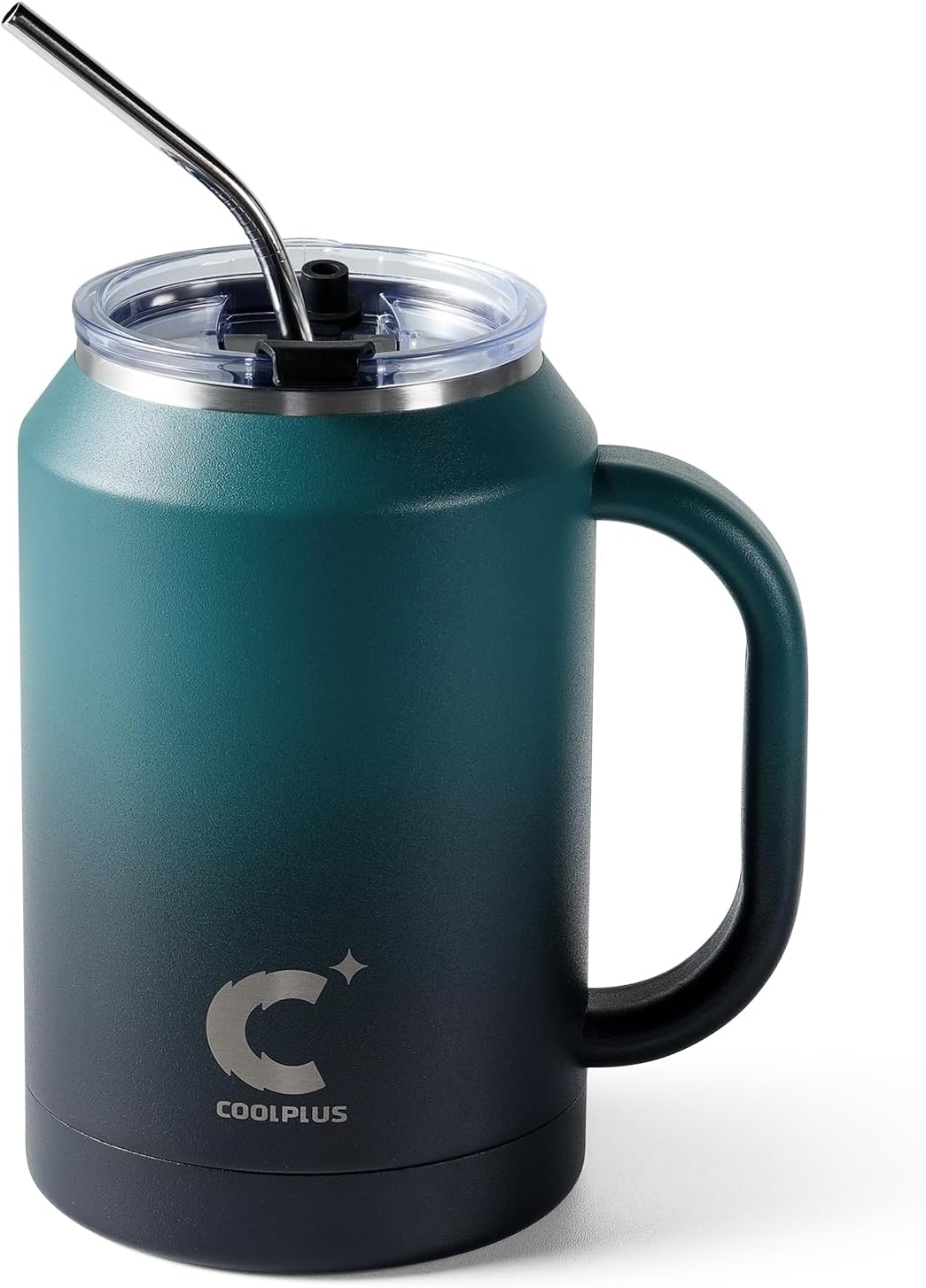 Coolplus Vaso de 32 onzas con asa y pajilla, taza de café de acero inoxidable con aislamiento de viaje con tapa 2 en 1, doble pared de metal que