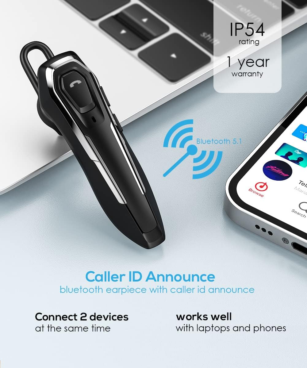 ZOUKAI Auriculares Bluetooth, cancelación de ruido con 2 micrófonos, 30 horas de tiempo de conversación, anuncia identificación de llamadas,