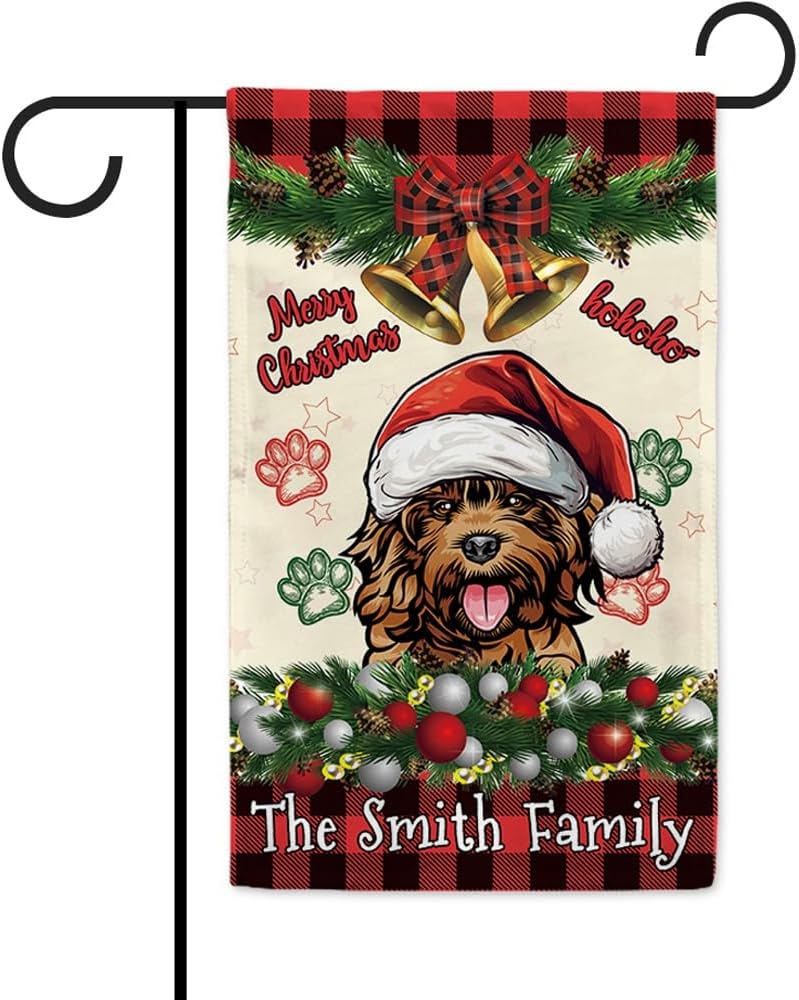 MALIHONG Bandera de jardín de Feliz Navidad de 12.5 x 18 pulgadas, anillo de bola de Navidad de perro de cacapú, campana, corona, bandera de búfalo