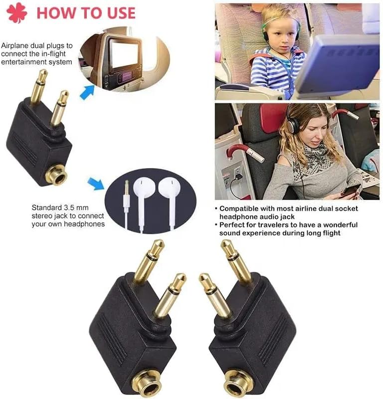 Adaptador de auriculares de avión, adaptador de auriculares de vuelo de 0.138 in, conector de auriculares dual chapado en oro, dos conectores de