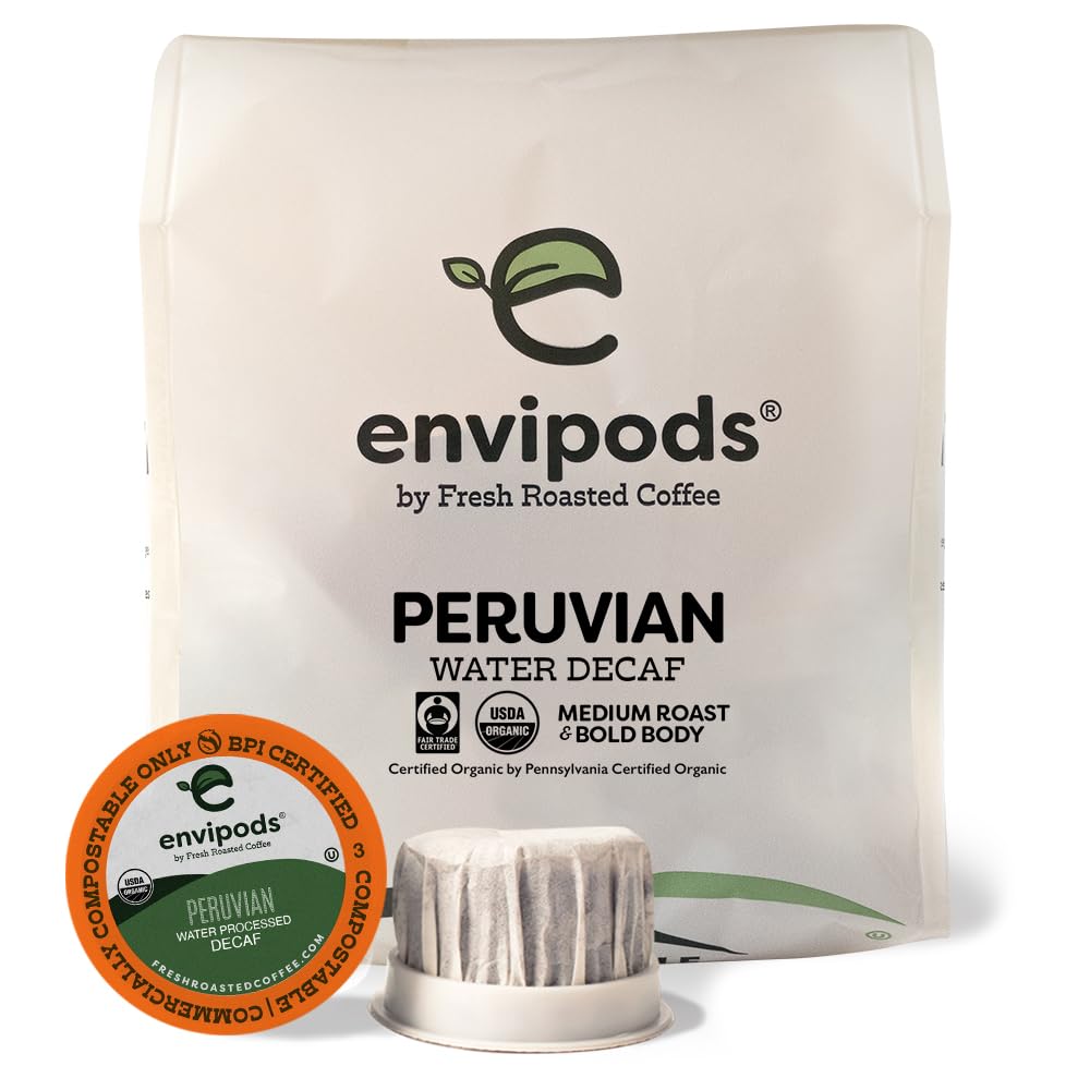 Fresh Roasted Coffee, Comercio Justo orgánico peruano procesado con agua descafeinado compostable, Kosher, tostado medio  12 unidades para cafeteras