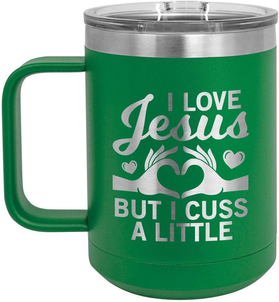 Taza de café con tapa abatible, diseño con texto “I love Jesus but I CUSS A LITTLE 15 oz con tapa superior  taza de café de viaje aislado  Ideas de