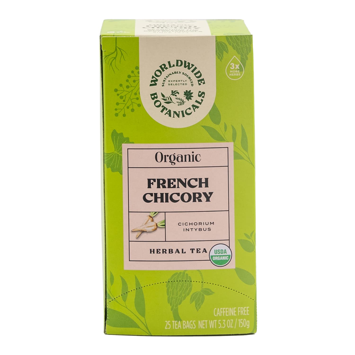 Worldwide Botanicals Té orgánico de raíz de achicoria francesa  3 hierbas con 0.23 onzas por bolsa de té  Té de hierbas tostadas prebiótico  Sin