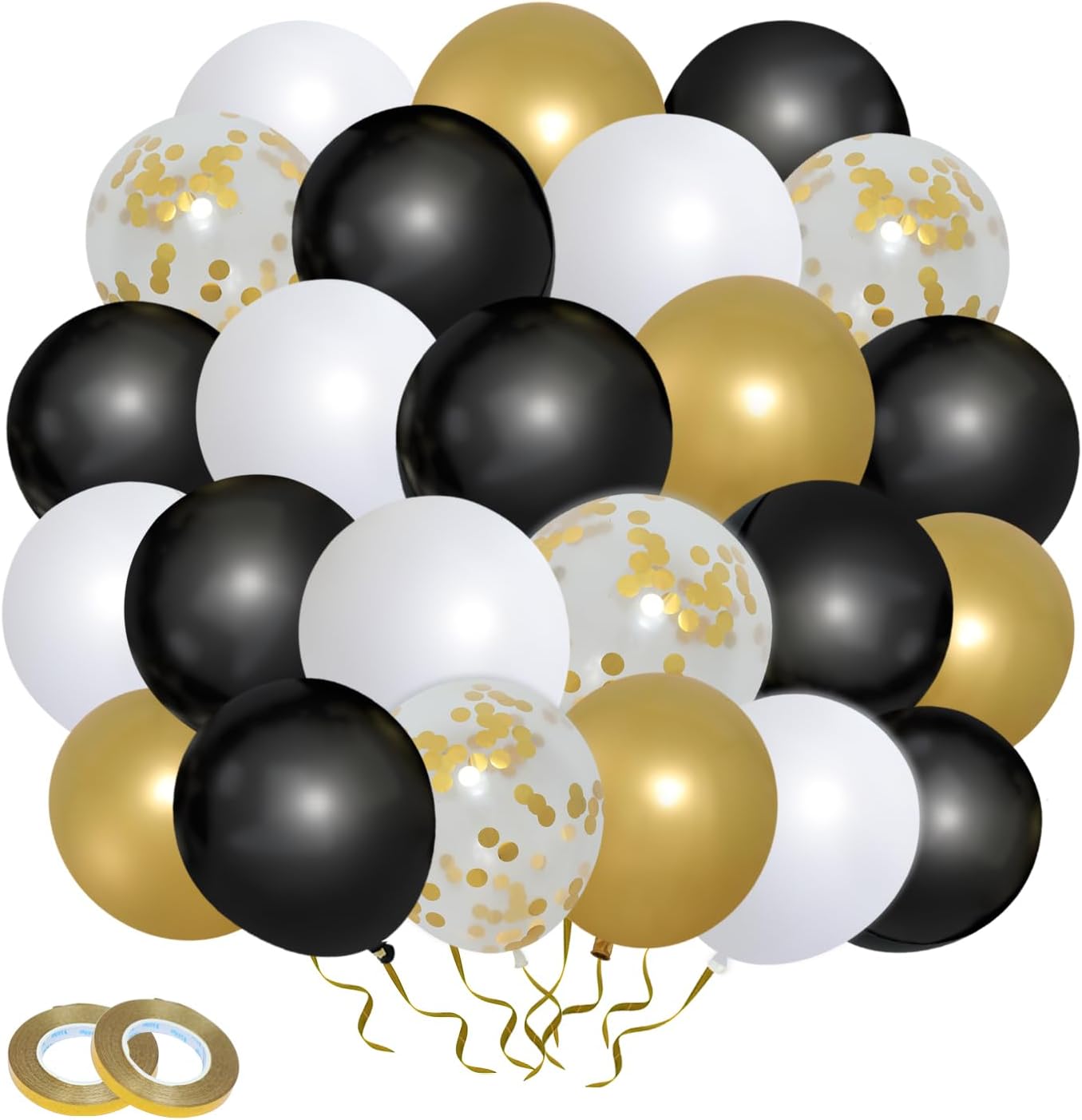 Decoraciones de Año Nuevo 2024, globos de confeti de oro negro, 52 globos de confeti dorado blanco y negro de 12 pulgadas con cintas doradas para