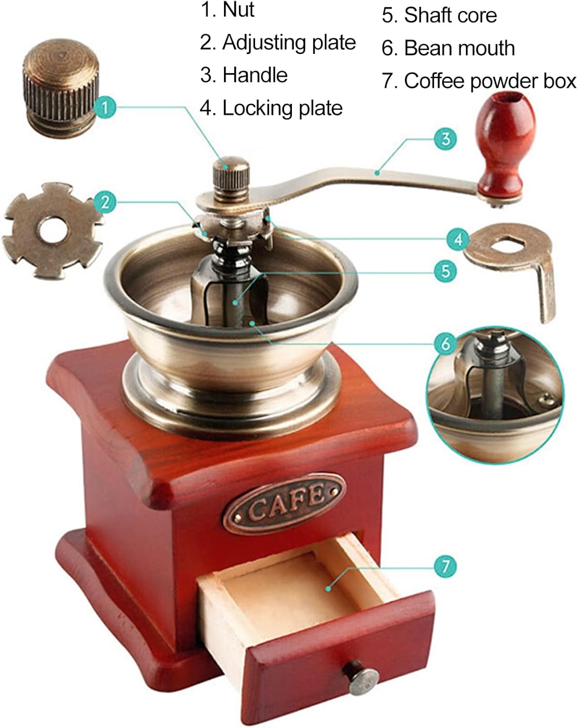 Molinillo de café manual antiguo, molinillo de grano de café vintage de mano con rebabas cónicas de madera, molinillo de café de 4 x 4 pulgadas,