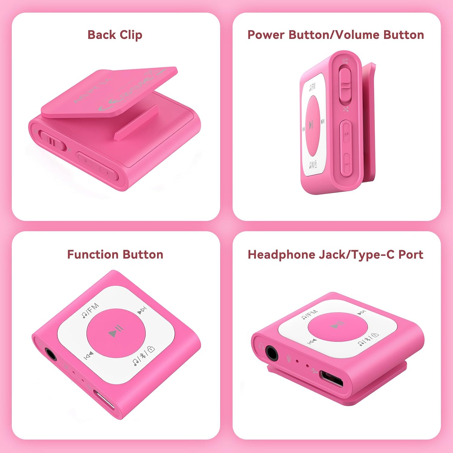 AGPTEK A51PL – Reproductor de MP3 con clip de 64 GB con Bluetooth, reproductor de música portátil con radio FM, no necesita teléfono, para deportes,
