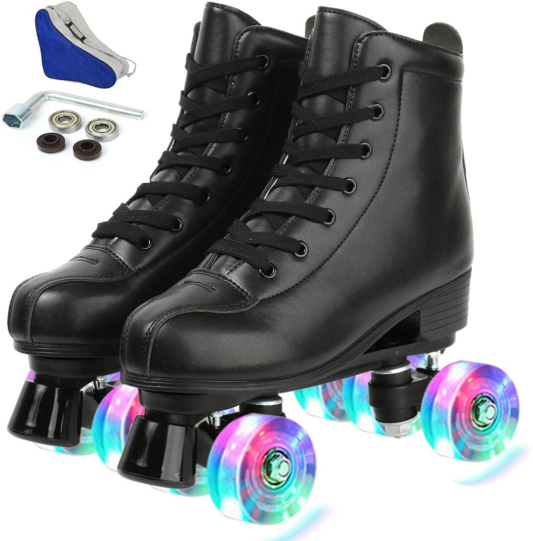 Patines para mujer, de piel sintética, patines brillantes ajustables, patines de 4 ruedas, de doble línea para chica.