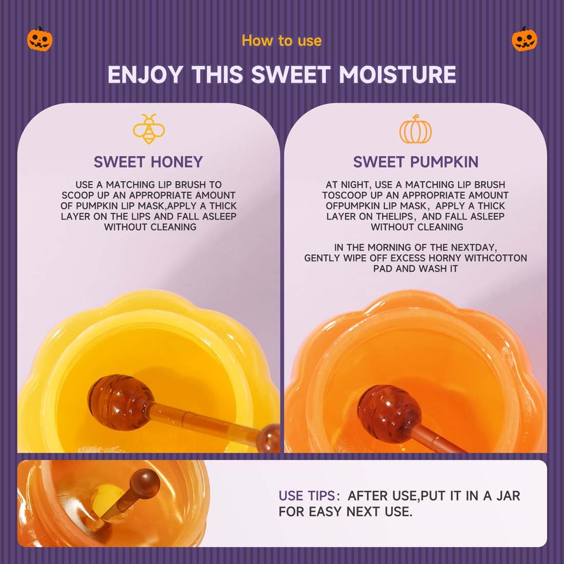 Juego de máscara labial de calabaza y miel de Halloween, mascarilla nutritiva e hidratante para labios de día y noche, bálsamo de abeja, exfoliante