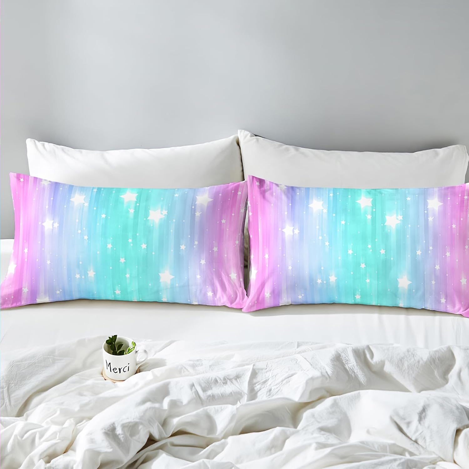 SETWIER – Juego de funda de edredón de estrellas rosas y azules, tamaño King, diseño de cielo estrellado, funda de edredón con estampado de