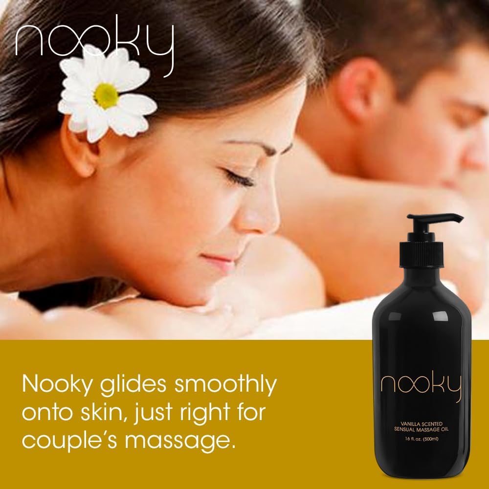 Nooky Aceite de masaje con ingredientes naturales de primera calidad. Aceites relajantes esenciales y dulces de almendras para masajear 16 onzas