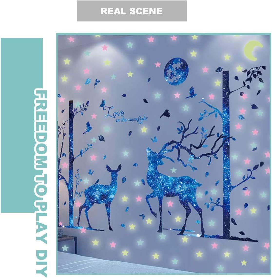 HO BEAR Calcomanía de pared de ciervos con luz de luna con estrellas que brillan en la oscuridad, calcomanías de luna, murales de arte familiar para