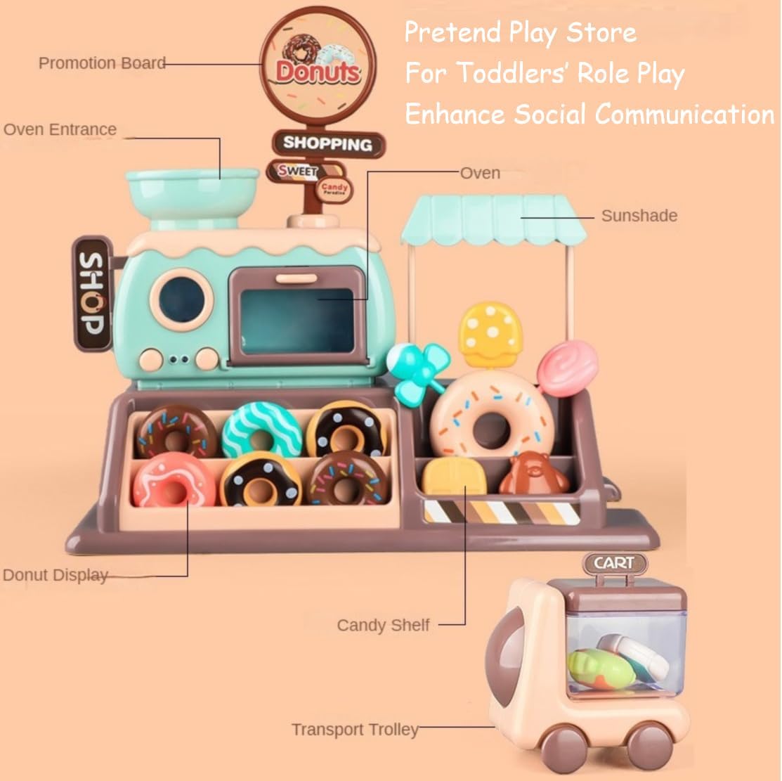 Juego de tienda de donas para niños pequeños, caja registradora y hornomicroondas incluidos, con música ligera y sonora, juguete de regalo de
