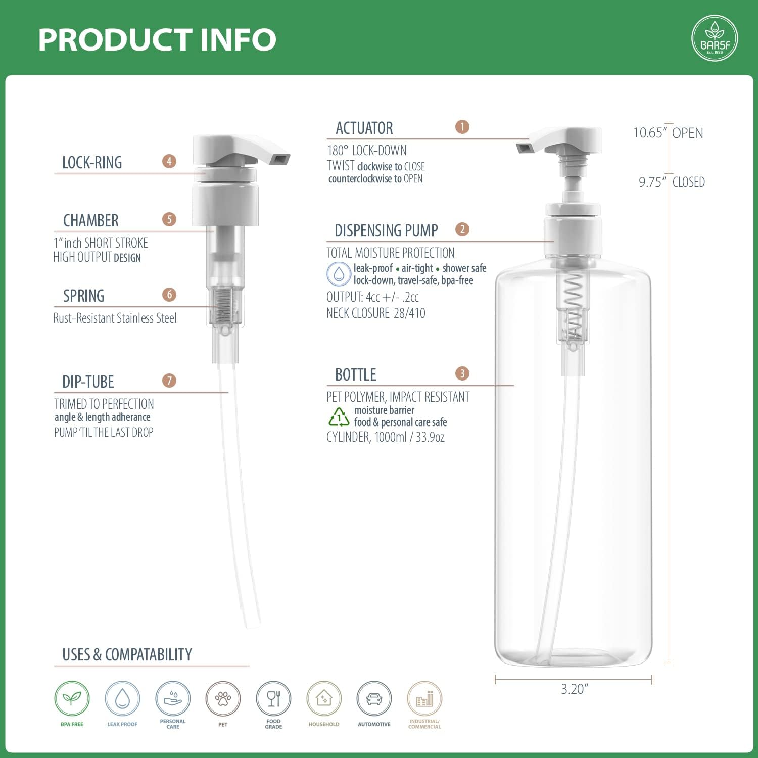 Bar5F Botellas de bomba recargables de 32 onzas de 1 litro de champú acondicionador loción jabón transparente sin BPA paquete de 3