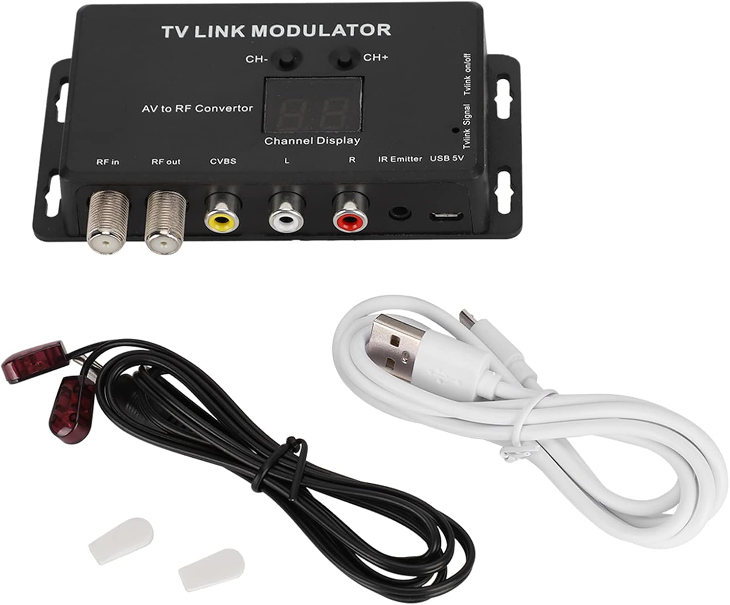 Modulador UHF, modulador de enlace de TV TM70, convertidor AV a RF, extensor IR con pantalla de canal, modulador RF para TV con cable de carga USB